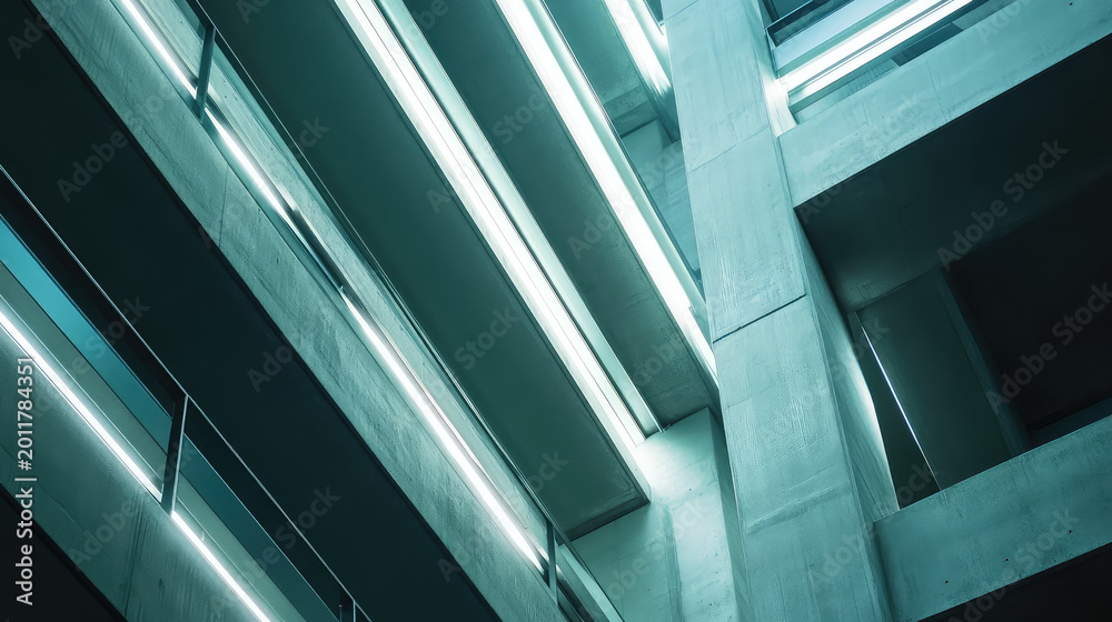 Fototapeta premium Modern concrete architecture with bold abstract lines and glowing teal illumination, creating a futuristic, geometric urban interior and dynamic minimalist workspace pattern