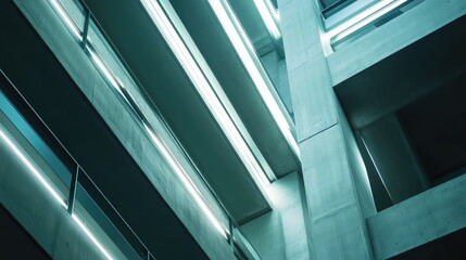 Modern concrete architecture with bold abstract lines and glowing teal illumination, creating a futuristic, geometric urban interior and dynamic minimalist workspace pattern