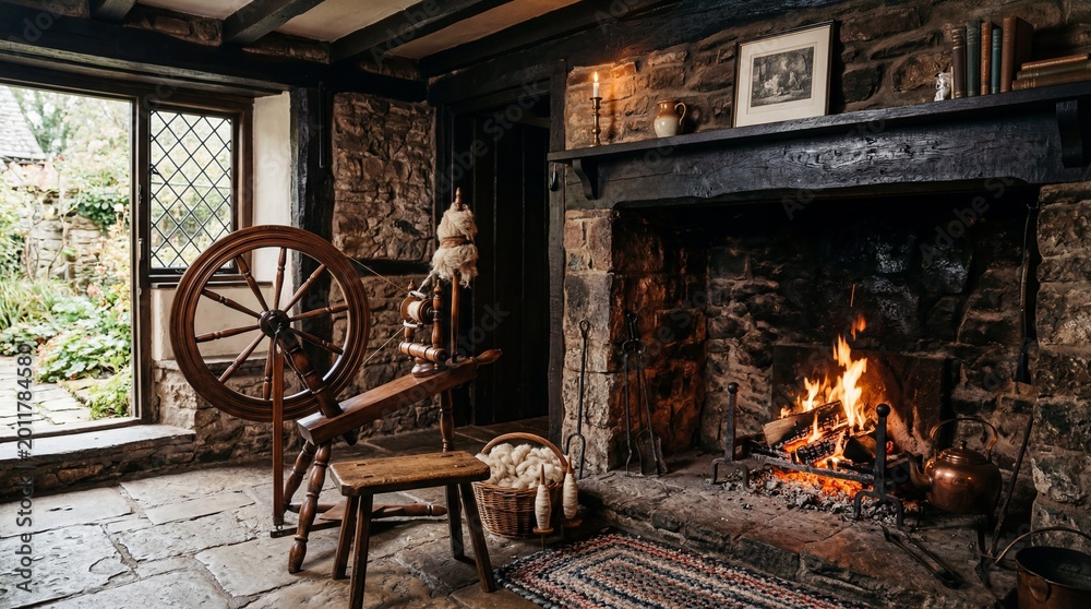Fototapeta premium Cozy rustic cottage interior with spinning wheel and warm fireplace