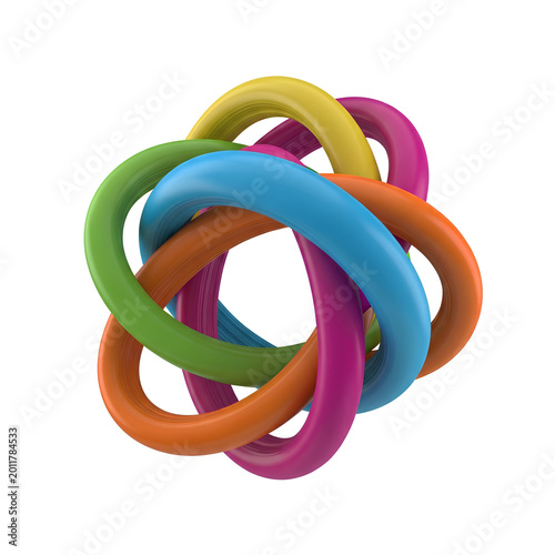 Colorful intertwined rings forming a complex and visually appealing geometric shape.
