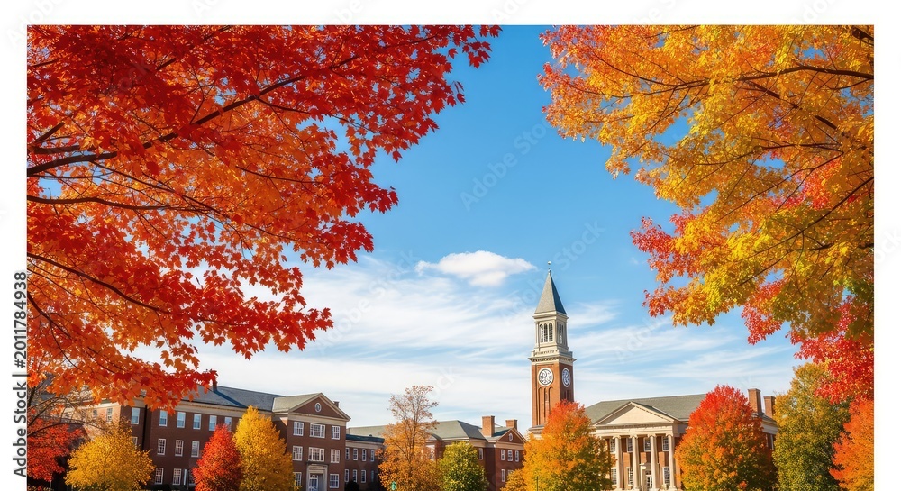 Fototapeta premium Vibrant autumn leaves frame classic brick academic buildings and a tall clock tower under a clear blue sky on a peaceful college campus, learning, daytime, education