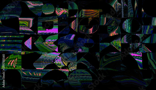 Abstract glitch texture with distorted geometric shapes, neon interference and digital noise. Cyberpunk inspired background ideal for futuristic design, tech visuals, and retro media effects.