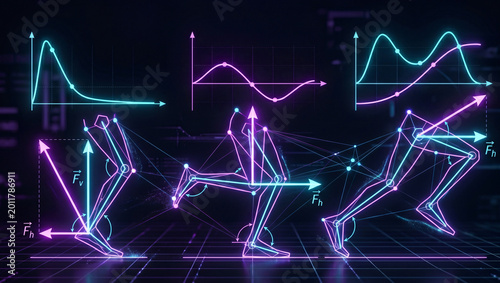 Glowing neon wireframe biomechanical kinematic analysis of human movement with force vectors and data graphs