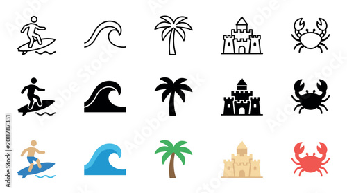 Beach and summer icons collection featuring various holiday elements like surfers, waves, palm trees, sandcastles, and crabs in different styles.