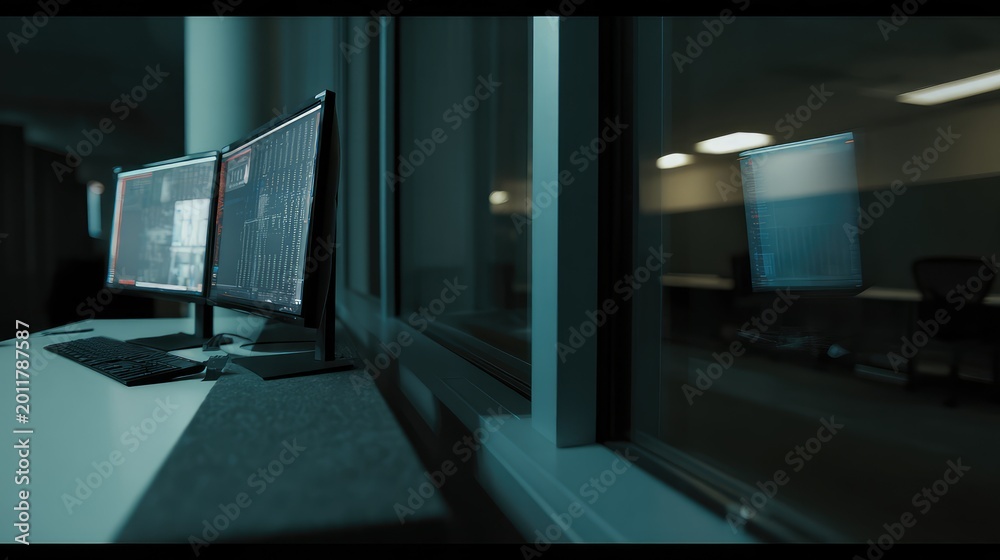 Fototapeta premium Two computer monitors on a desk reflect their complex programming code onto a dark office window, highlighting themes of cybersecurity, hacking, and nocturnal technology work