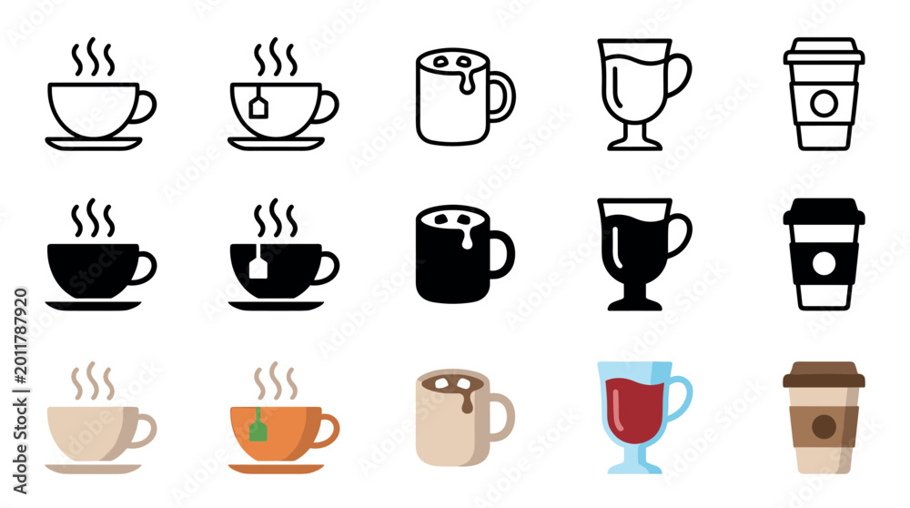 Fototapeta premium Hot beverage cups and mugs vector icon set featuring various styles of coffee, tea, and other warm drinks, perfect for cafes and digital designs.