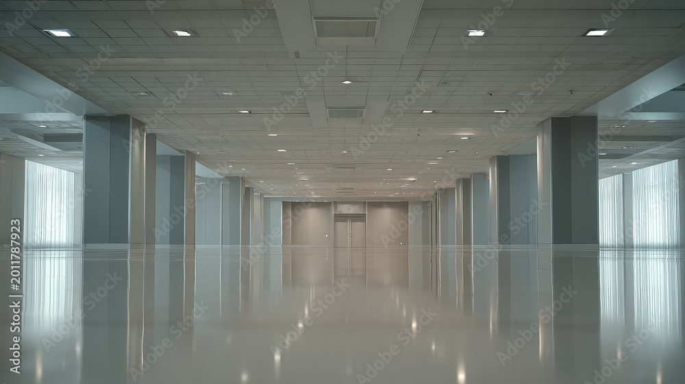 Fototapeta premium Contemporary empty office interior featuring a sleek reflective floor and large windows with curtains, creating a clean environment for business expansion and future development