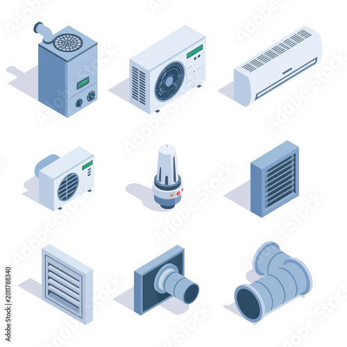 Isometric HVAC System Components: Air Conditioner, Boiler, Vent, Ductwork