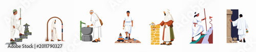 Photos Diverse collection of pilgrims in white robes performing spiritual rituals, climbing mountains, and visiting sacred sites on a journey of faith