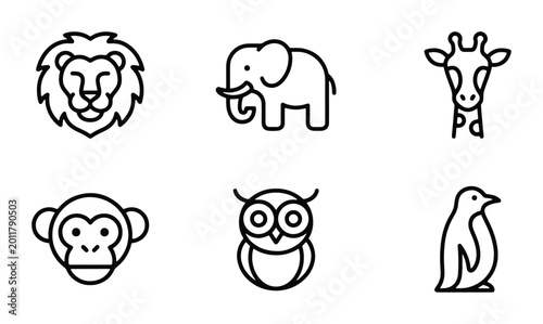 Canvas Print Minimalist Line Art Animal Icons Set: Lion, Elephant, Giraffe, Monkey, Owl, Peng