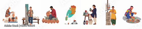 Foto Collection of illustrations depicting traditional potters and ceramic artisans crafting, painting, and selling various clay vessels, plates, and ornamental jars