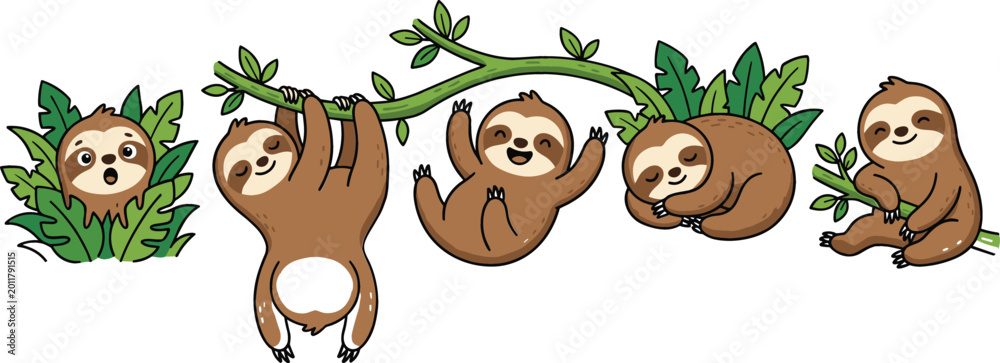 Fototapeta premium Cute Sloth Characters Hanging on Tree Branches with Tropical Leaves in Cartoon Style Wildlife Vector Illustration Set