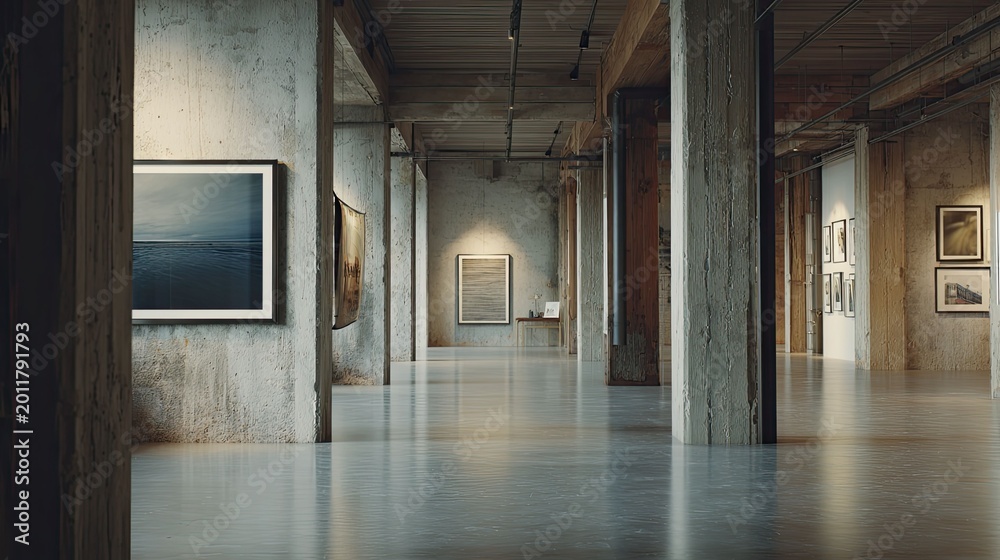 Obraz premium Industrial art gallery space showcasing framed artworks and contemporary sculptures on concrete walls and polished floors, illuminated by modern track lighting
