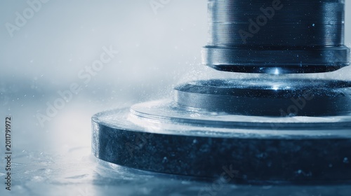 Hydraulic press exerting massive force on a steel workpiece, close up of industrial metal forming in a modern manufacturing plant showing precision, power and automated production process