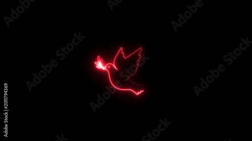 Neon Bird and twig symbol of peace and freedom in simple icon.