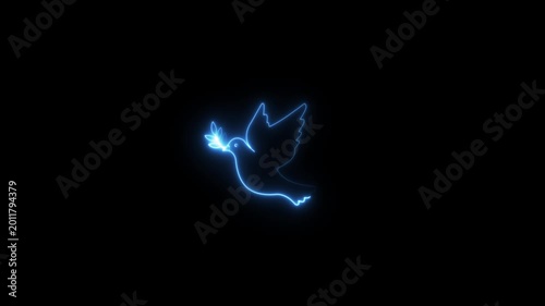 Neon Bird and twig symbol of peace and freedom in simple icon.