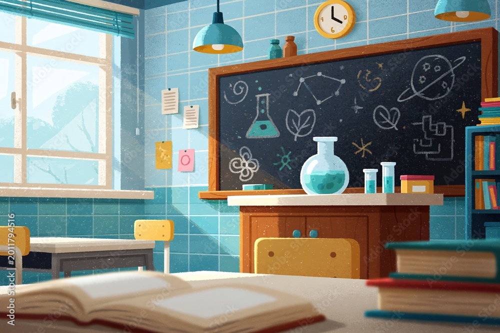 Fototapeta premium Colorful classroom with oversized chalkboard covered in science sketches and open books