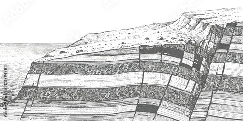 Fotografía Black and white line drawing of a steep rocky cliff face by the sea