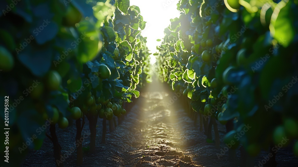 Obraz premium Vineyard rows of ripening grapes bathed in warm golden sunlight at dusk, creating a vibrant, serene rural landscape of lush green foliage and promising harvest
