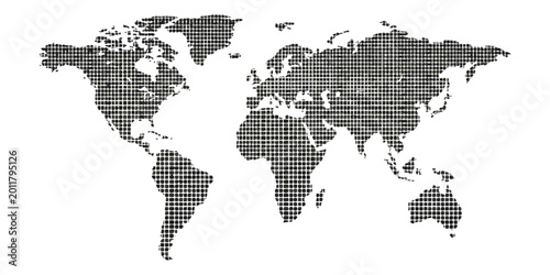 Tableau sur toile Black world map made of small square pixels and dots representing global geograp