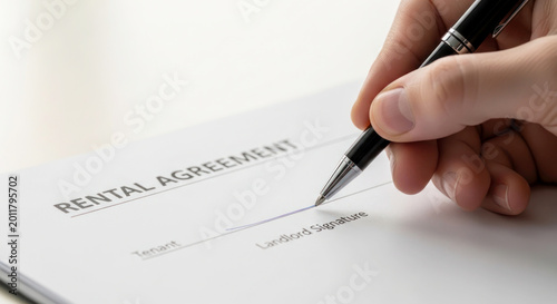Hand holding pen signing rental agreement document with landlord signature line visible on a clean, white surface