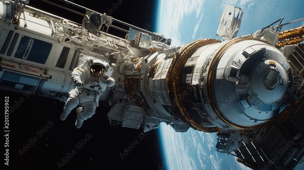 Fototapeta premium Astronaut in space suit spacewalking alongside a modular space station, with the earth's blue atmosphere and white clouds visible below, highlighting exploration and technology