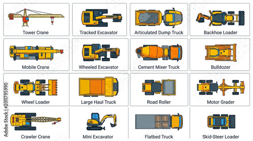 Photos Collection of construction vehicles and heavy machinery from a top view