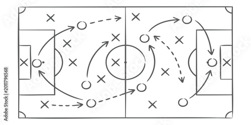 Tableau sur toile Hand drawn soccer tactics board diagram with player positions and movement arrow