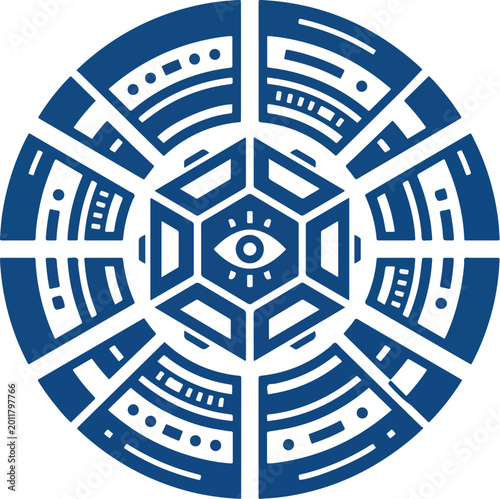 Abstract Blue Technology Logo with Central Eye and Network Pattern