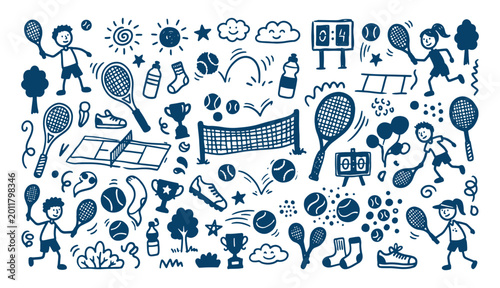 Hand drawn tennis match doodle elements including scoreboard players trophies and sports gear in line art