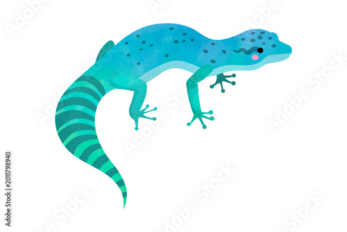 Konstfotografi Blue leopard gecko illustration with striped tail and dark spots in watercolor s