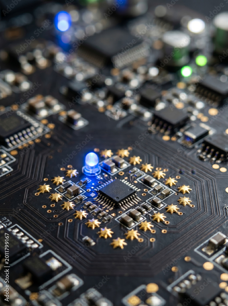 Fototapeta premium Electronic Circuit Board with Blue Glowing Lights
