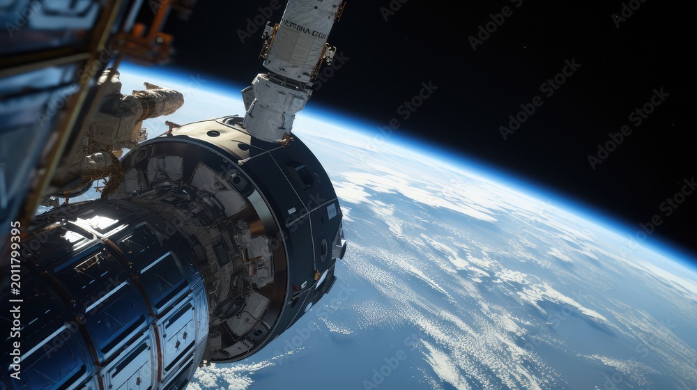 Fototapeta premium Space station module and robotic arm orbiting above a vibrant blue earth, showcasing advanced technology for global exploration and scientific research