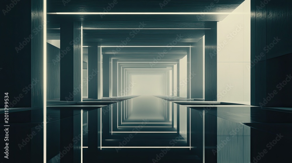 Fototapeta premium Long abstract tunnel structure with columns and illuminated light lines creating a vanishing point perspective, reflecting on the polished floor, conveying a sense of future and journey