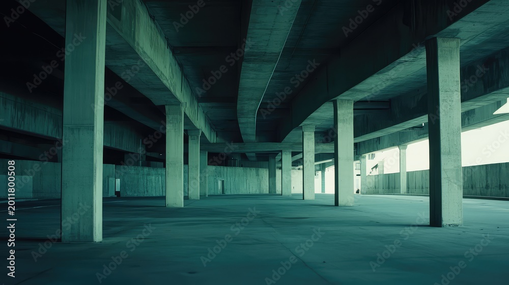 Fototapeta premium Concrete pillars creating an imposing and repetitive geometric pattern under an elevated bridge structure, emphasizing industrial architecture and urban infrastructure