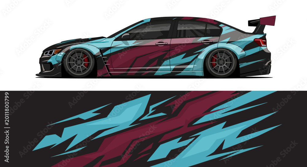 Obraz premium Stylized blue and maroon sports car illustration with dynamic geometric patterns and aerodynamic design.