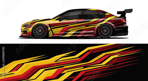 Obraz na plátně Vibrant red and yellow racecar blazing on the track with dynamic flame livery and speed
