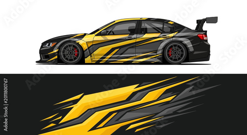 Tableau sur toile Sleek Yellow and Black Race Car Design with Dynamic Graphics.