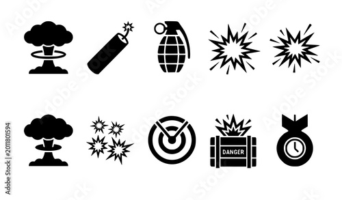 Photos Explosion icon set vector black flat bomb blast dynamite grenade detonation symb