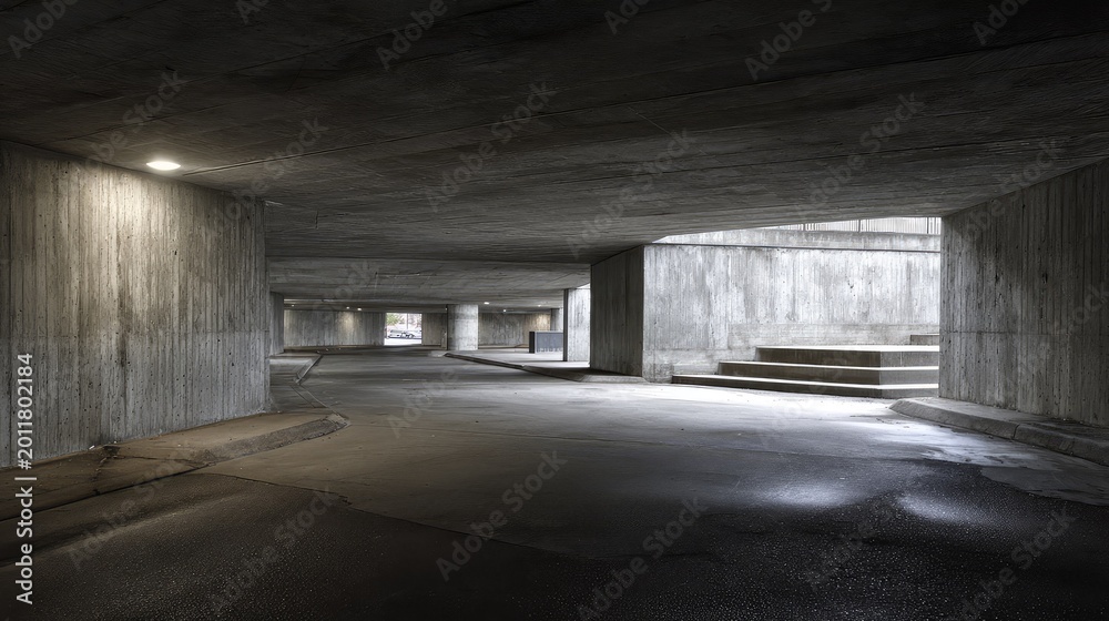 Fototapeta premium Expansive underground concrete parking garage offering an architectural perspective, featuring stark walls, a ceiling, and empty asphalt floor bathed in filtered natural light and deep shadows