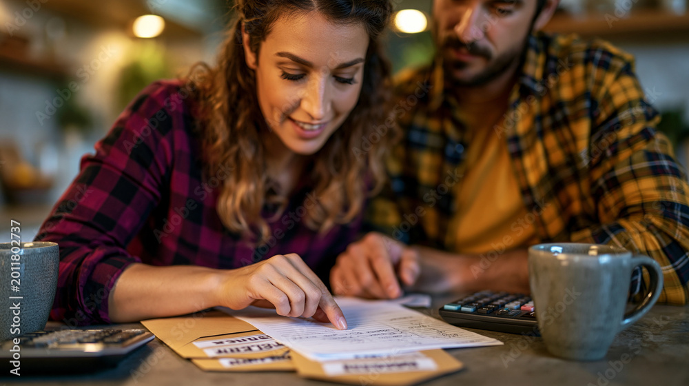 Fototapeta premium An intentional spending moment of a couple reviewing handwritten budget notes spread across a kitchen table, envelopes labeled by category, a calculator beside ceramic mugs, perfect for mindful budg