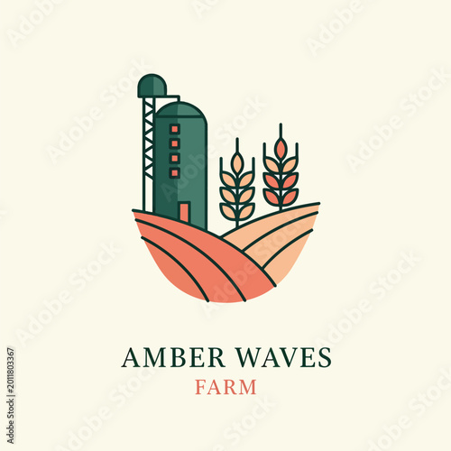 Amber Waves Farm minimalist vector logo design with silo and wheat.
