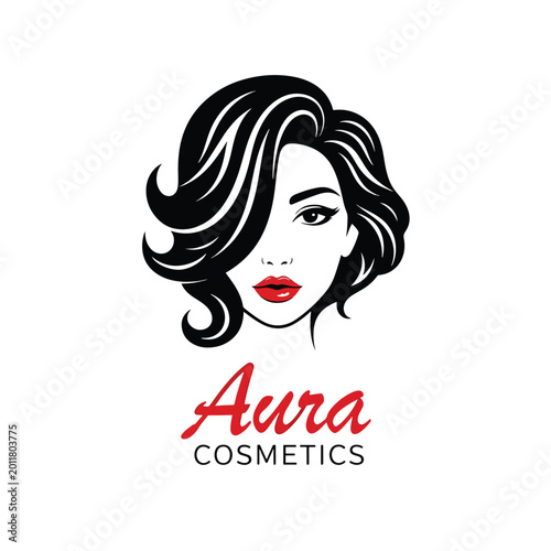Aura Cosmetics logo design featuring a beautiful woman with stylish hair and red lips.