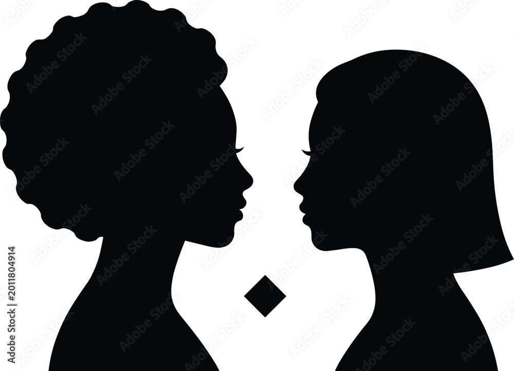 Fototapeta premium Women face to face silhouette profiles, diversity and equality concept, female friendship and communication, black and white vector illustration isolated background
