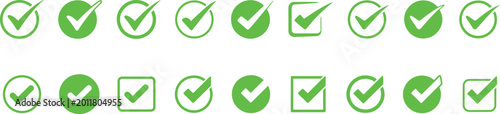 Green checkmark icons in various shapes and styles on white background