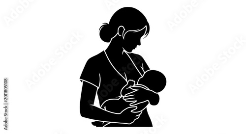 Foto Embrace of Nurturing: Silhouette of a mother tenderly breastfeeding her infant, a timeless image representing maternal love and the bond of care