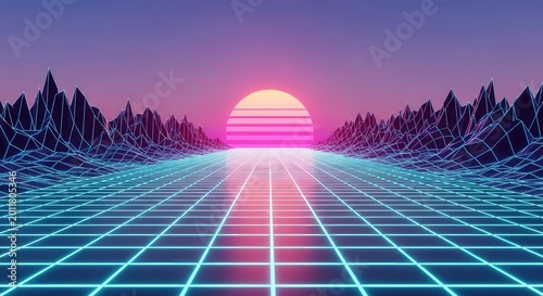 A glowing neon grid landscape stretches toward a synthwave sun on the horizon, featuring vibrant purple mountains and ample room for text, synthwave, horizon, mountains