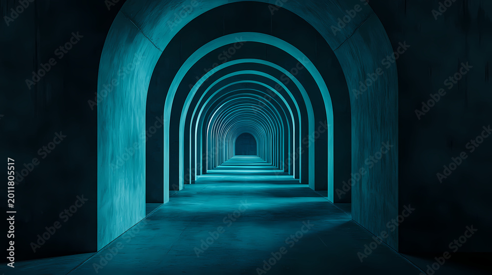 Obraz premium Abstract Dark Teal Concrete Arch Tunnel Corridor Perspective Background, Infinite Architecture Repetition