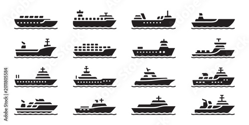 Фотография Black silhouette collection of marine vessels and watercraft icons for industrial transportation projects