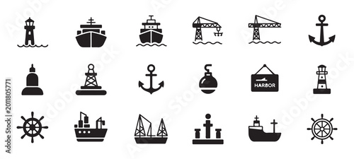 Canvastavla Collection of maritime and nautical icons featuring lighthouse anchor steering wheel ship harbor crane